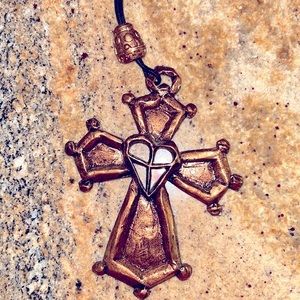 OUTRAGEOUS BRUTALIST Style copper metal large cross leather cord necklace RARE